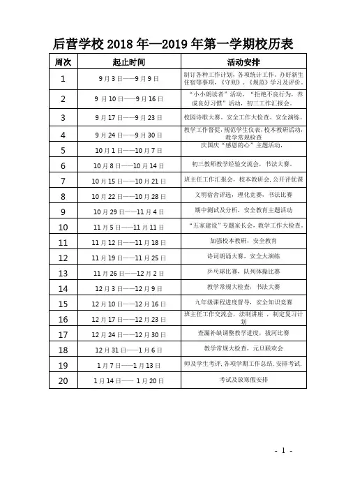 2018年—2019年第一学期校历表