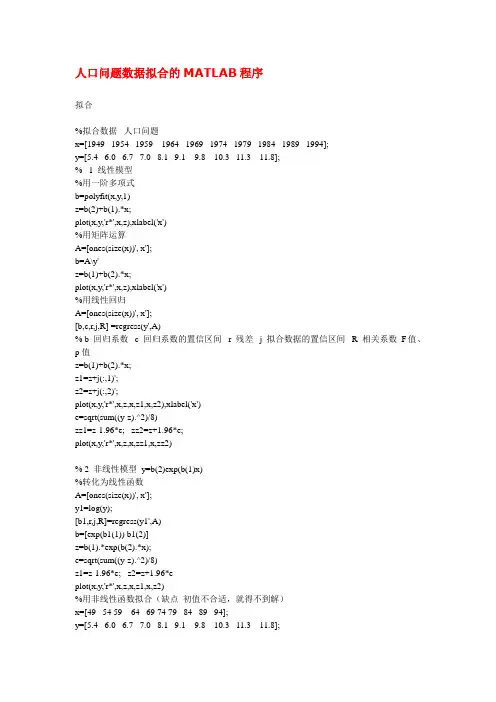 人口问题数据拟合的MATLAB程序