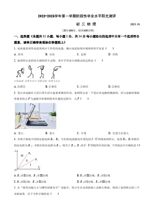 初三物理上学期期末考试阳光测评(含解析)