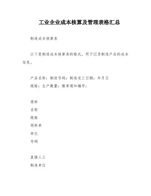 工业企业成本核算及管理表格汇总