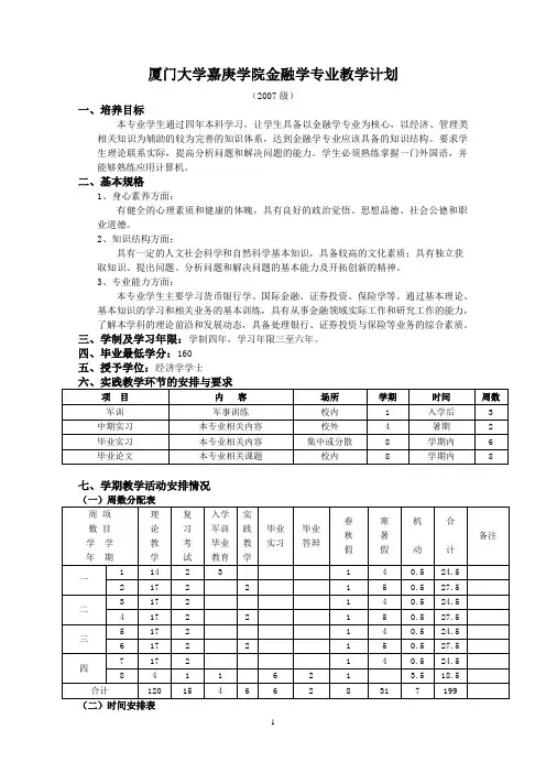 厦门大学嘉庚学院金融学专业教学计划