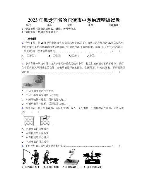 2023年黑龙江省哈尔滨市中考物理精编试卷附解析