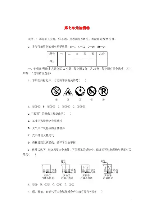 江西专版2024年秋九年级化学上册第七单元检测卷新版新人教版