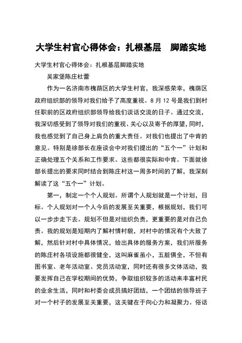 大学生村官心得体会：扎根基层 脚踏实地