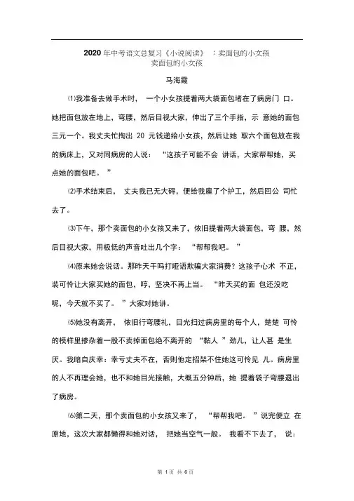 2020年中考语文总复习《小说阅读》：卖面包的小女孩