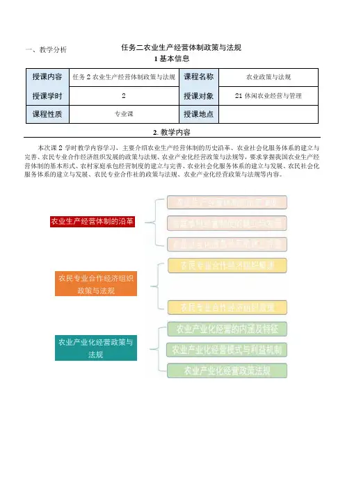 农业政策与法规任务二教案：农业生产经营体制政策与法规
