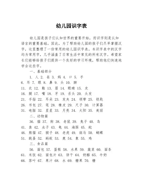 幼儿园识字表