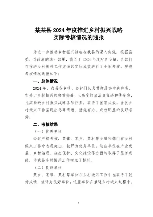 某某县2024年度推进乡村振兴战略实际考核情况的通报