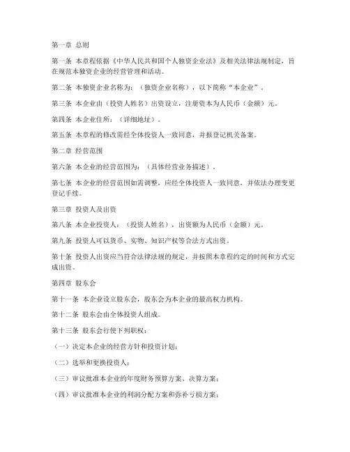 独资章程的修改模板