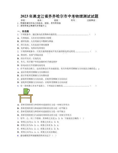 2023年黑龙江省齐齐哈尔市中考物理测试试题附解析