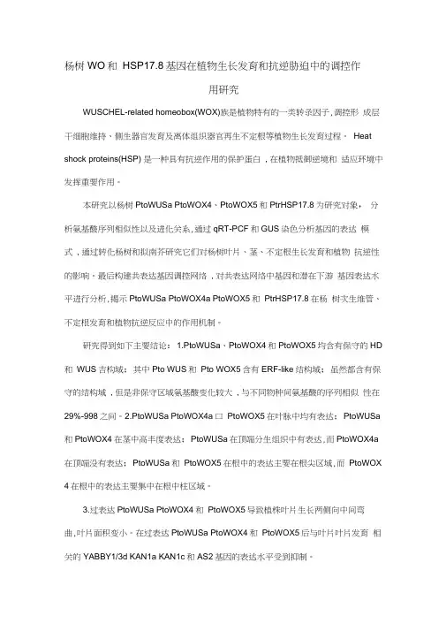 杨树WOX和HSP17.8基因在植物生长发育和抗逆胁迫中的调控作用研究