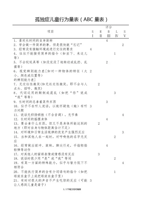 孤独症儿童行为量表(ABC量表)