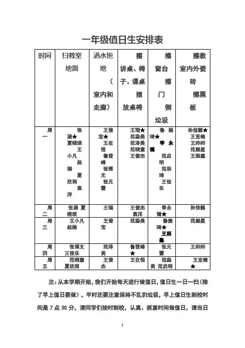 一年级值日生安排表