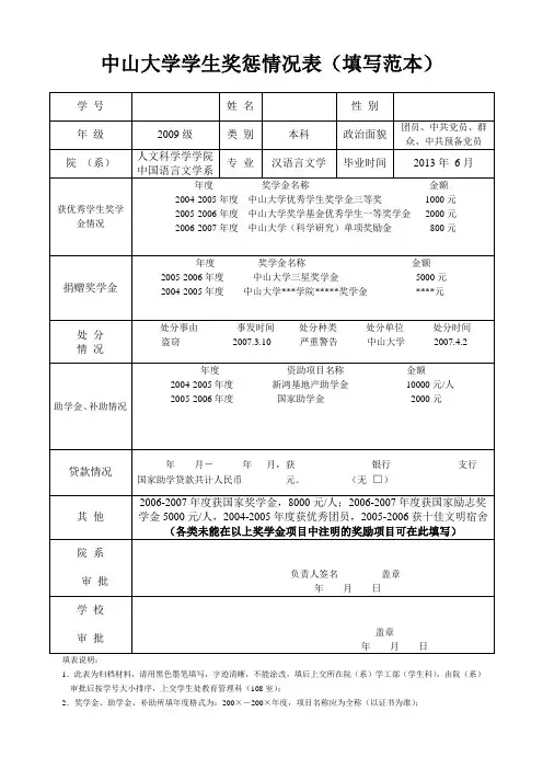 中山大学学生奖惩情况表填写范本