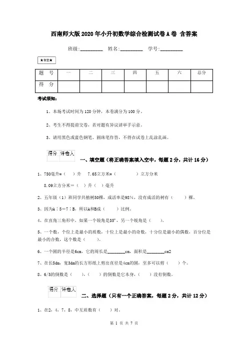 西南师大版2020年小升初数学综合检测试卷A卷 含答案