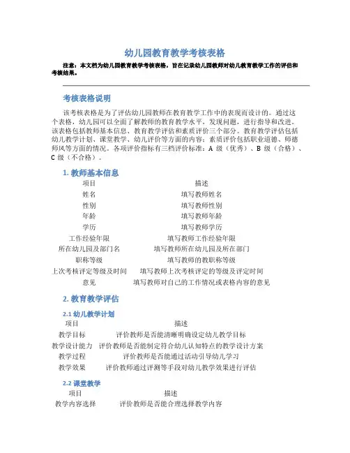 幼儿园教育教学考核表格