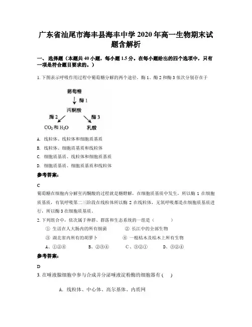 广东省汕尾市海丰县海丰中学2020年高一生物期末试题含解析