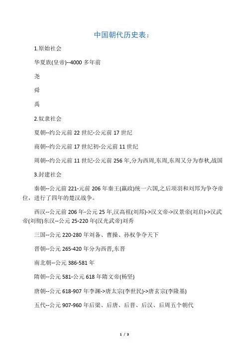 中国历史朝代分期表