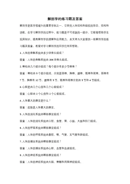 解剖学的练习题及答案