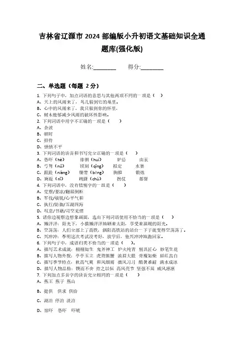 吉林省辽源市2024部编版小升初语文基础知识全通题库(强化版)