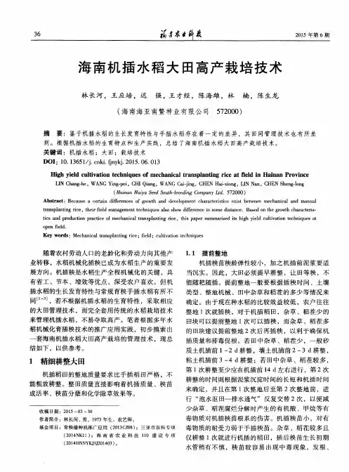 海南机插水稻大田高产栽培技术