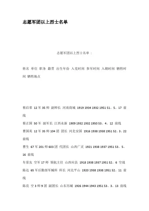 志愿军团以上烈士名单