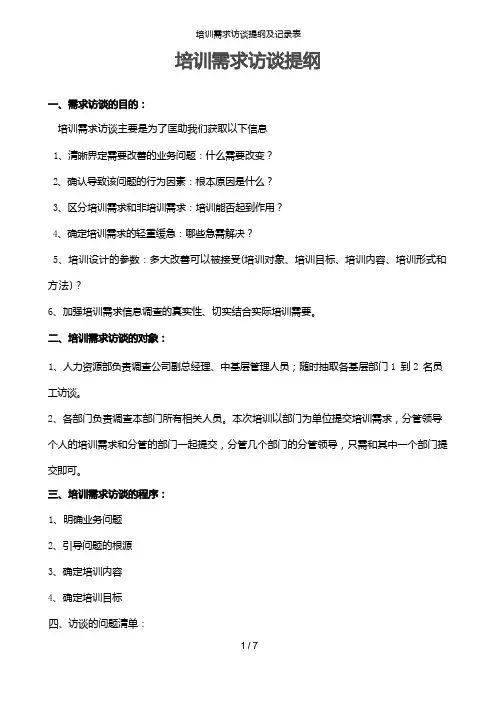 培训需求访谈提纲及记录表
