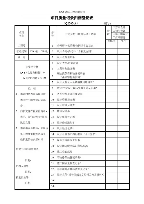 项目质量记录归档登记表