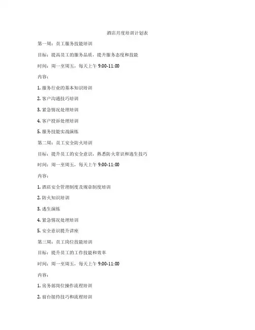 酒店月度培训计划表
