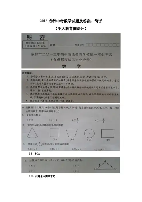 2013年成都中考数学试题及答案(简析)