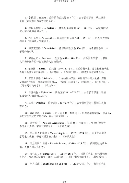 西方主要哲学家一览表