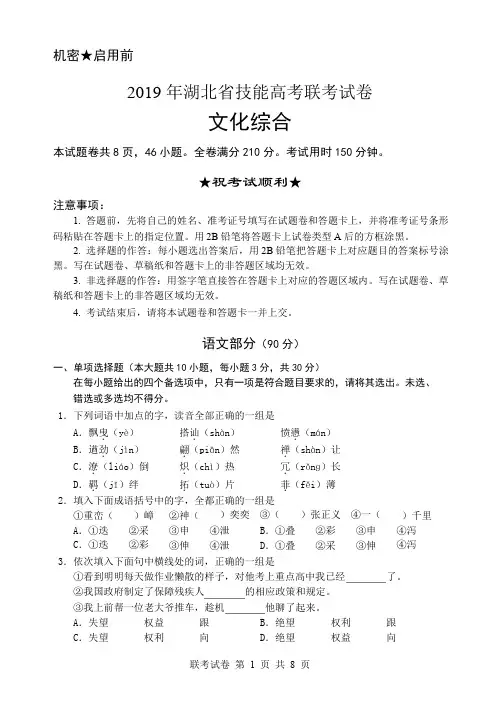 技能高考之湖北省技能高考联考试卷---文化综合.