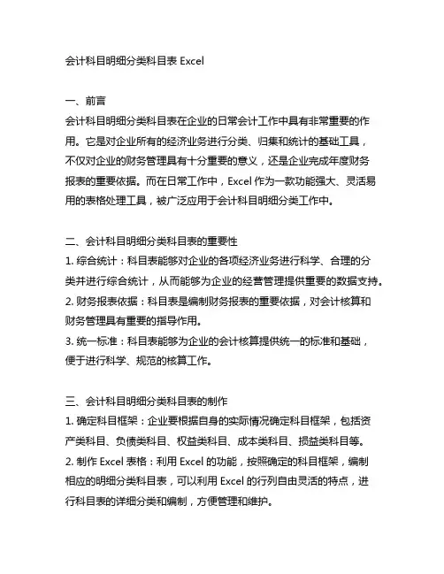 会计科目明细分类科目表 excel