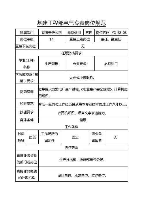 基建工程部电气专责