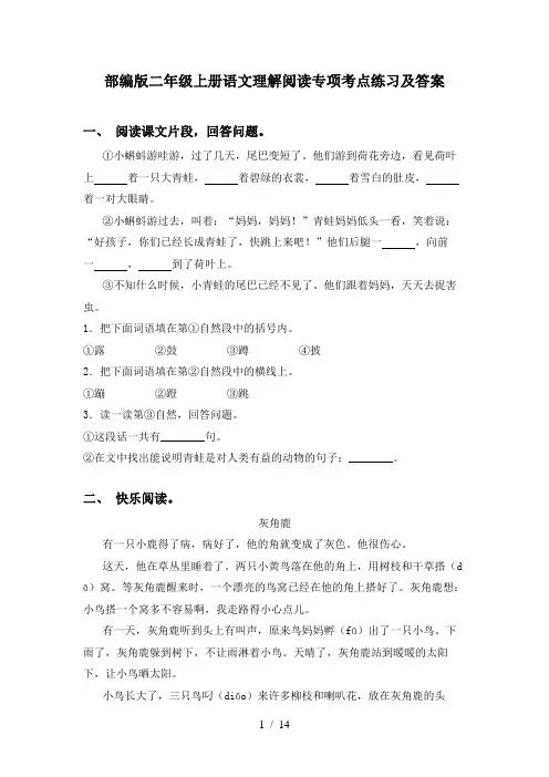 部编版二年级上册语文理解阅读专项考点练习及答案