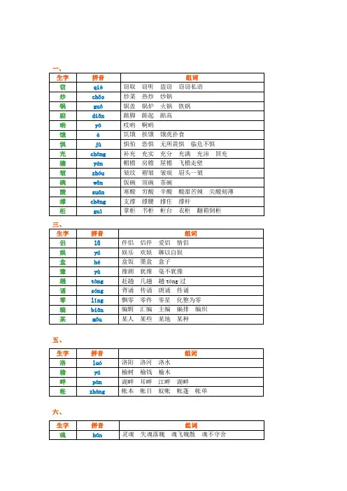 小学五年级语文上册生字组词带拼音(推荐)