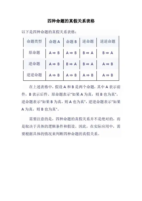 四种命题的真假关系表格