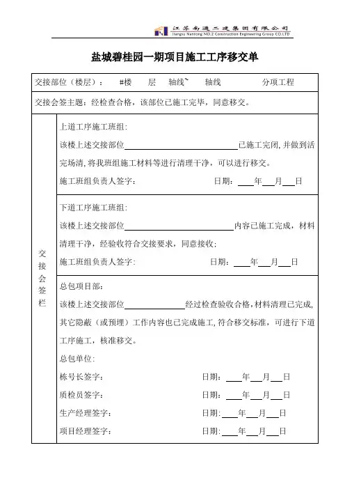 工程施工工序移交单【范本模板】