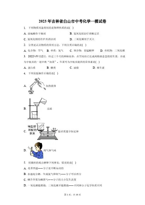 2023年吉林省白山市中考化学一模试卷( 含解析   )