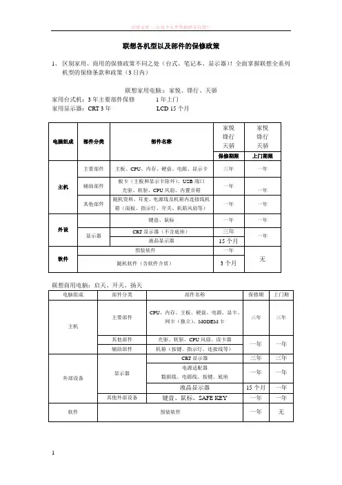 联想各机型以及部件的保修政策