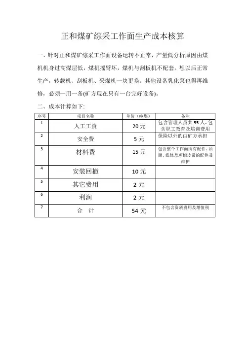 正和煤矿综采工作面生产成本核算