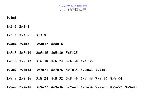 二年级上册九九乘法口诀表(语文版和数学版).