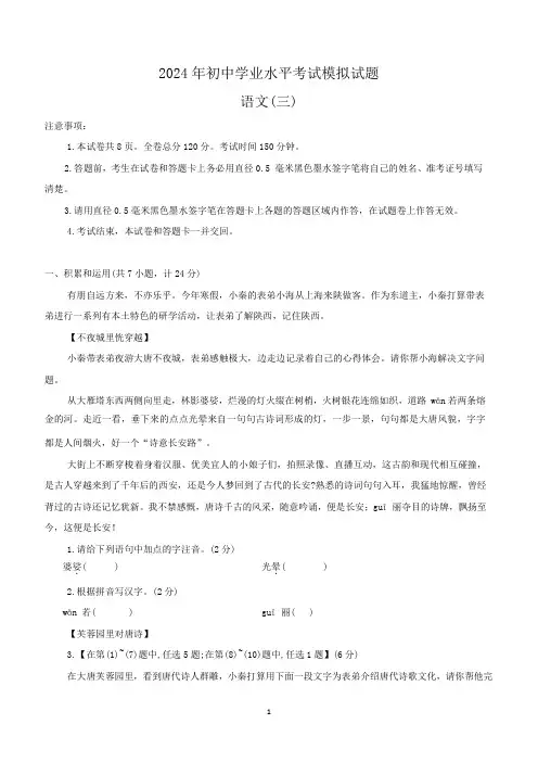 2024年陕西省西安市莲湖区三模语文试题(含答案)