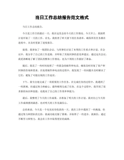 当日工作总结报告范文格式