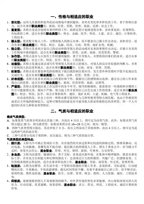 性格、气质与相适应的职业