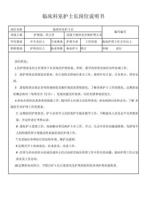 临床科室护士长岗位说明书