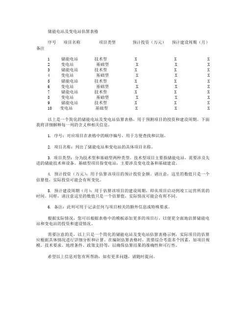 储能电站及变电站估算表格