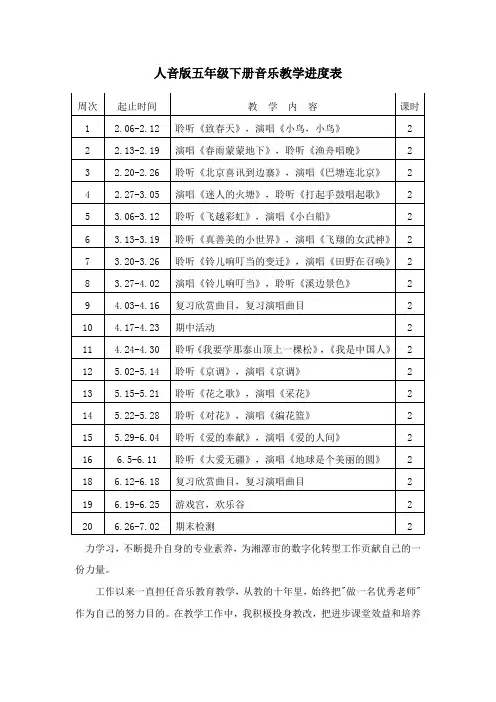 人音版五年级下册音乐教学进度表