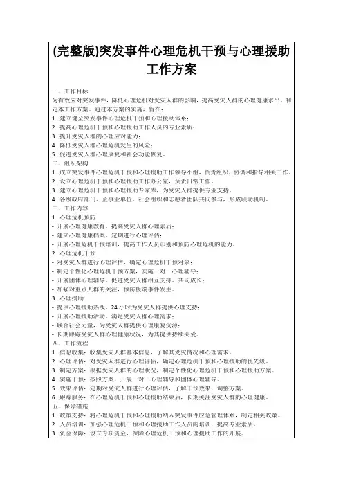 (完整版)突发事件心理危机干预与心理援助工作方案