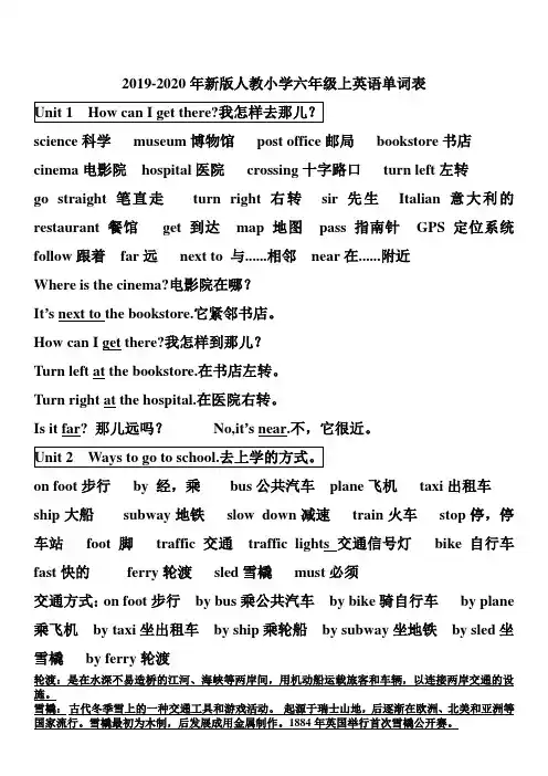 2019-2020年新版人教小学六年级上英语单词表